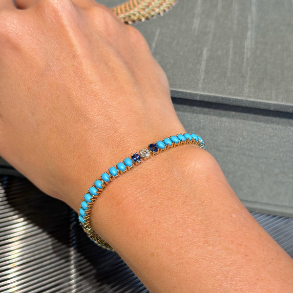 14K Yellow Gold with Turquoise & Blue Sapphire Bracelet