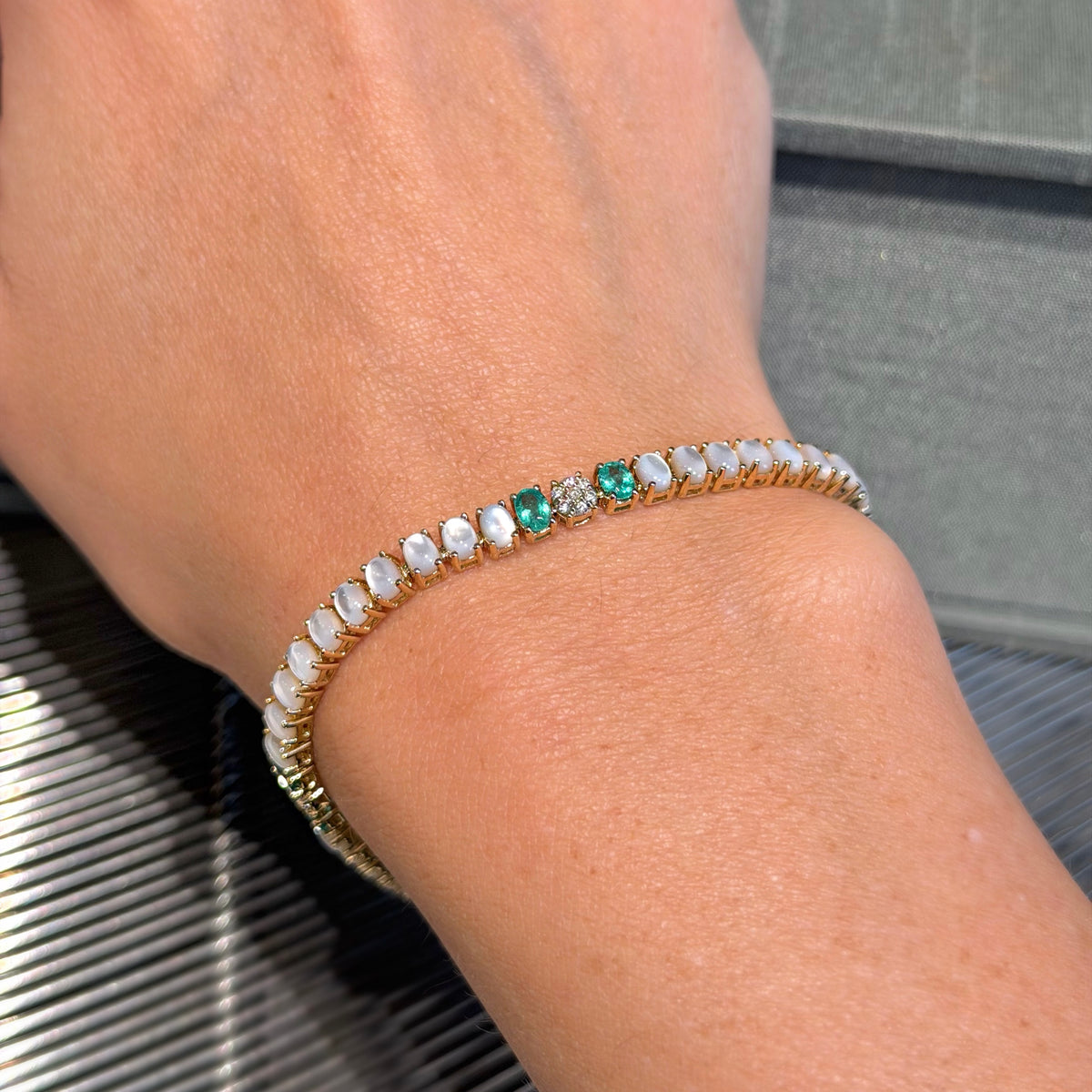 14K Yellow Gold with Mother of Pearl & Emerald Bracelets