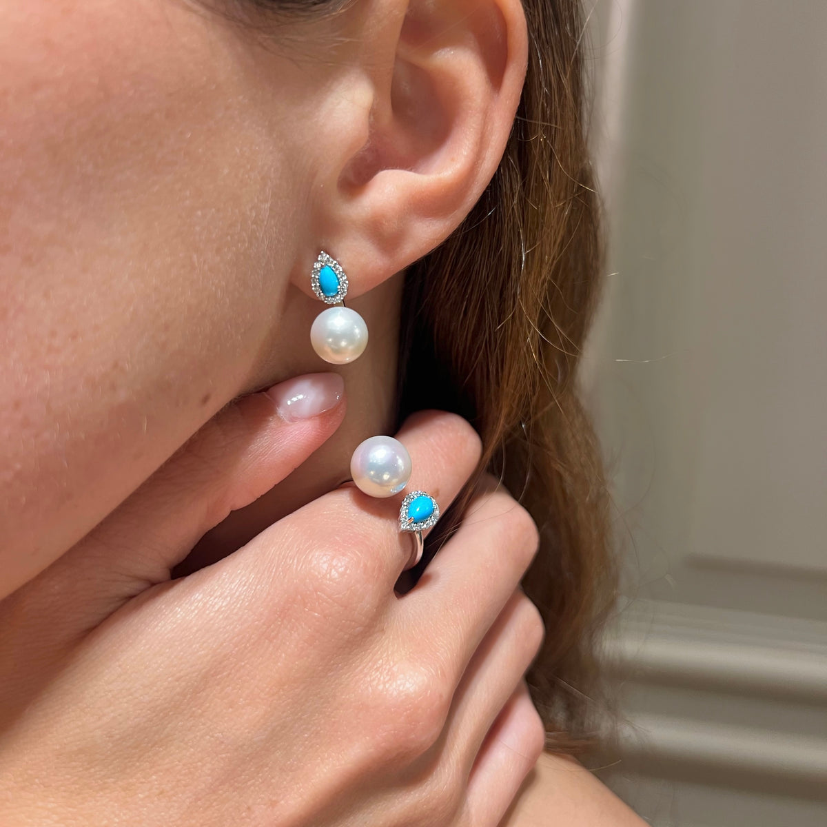 Pearl & Turquoise with Diamonds on Yellow Gold Earrings