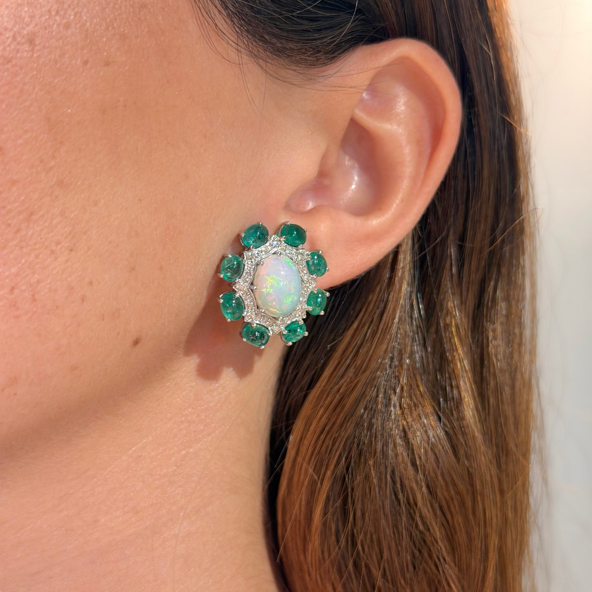 Opal with Emerald & Diamond Oval Earrings