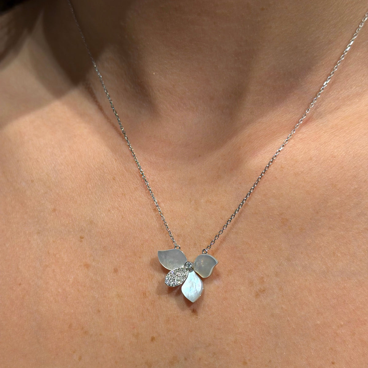 Set of 18K White Gold Mother of Pearl and Diamonds Necklace &amp; Earrings.