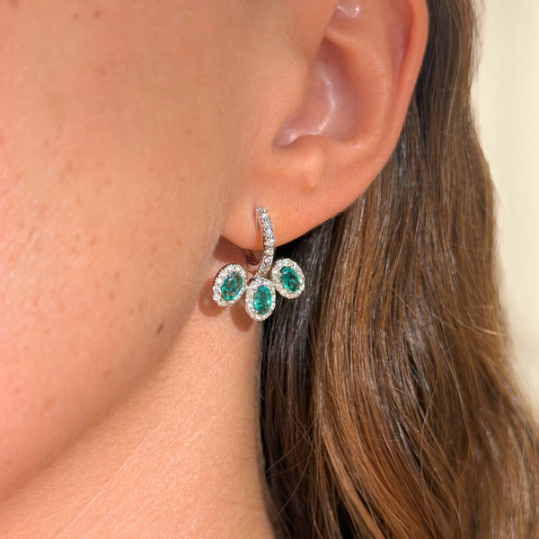 Three Emerald & Diamond on 14K Yellow Gold Earrings