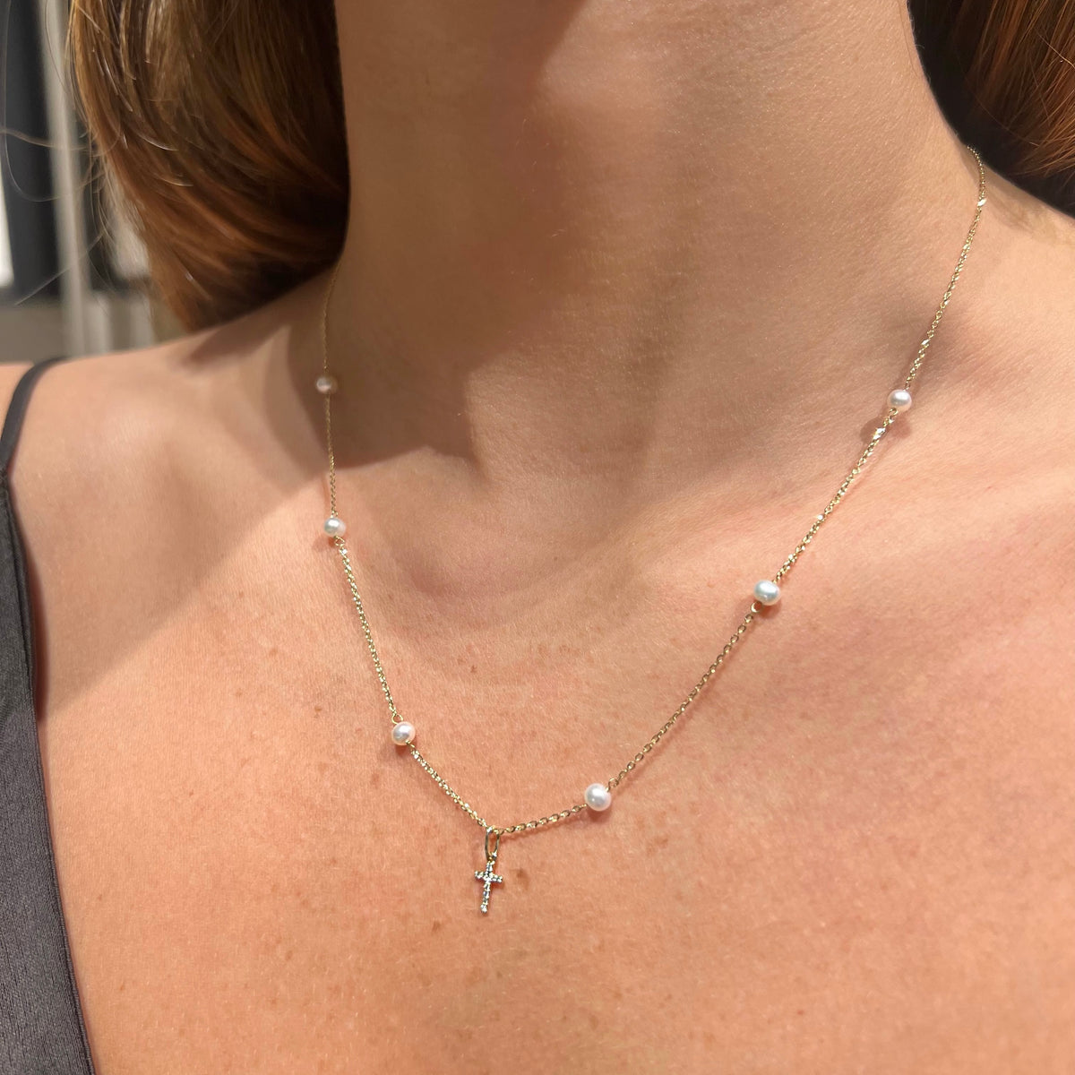 Diamond Cross with Pearls Pendant on 14K Yellow Gold Necklace