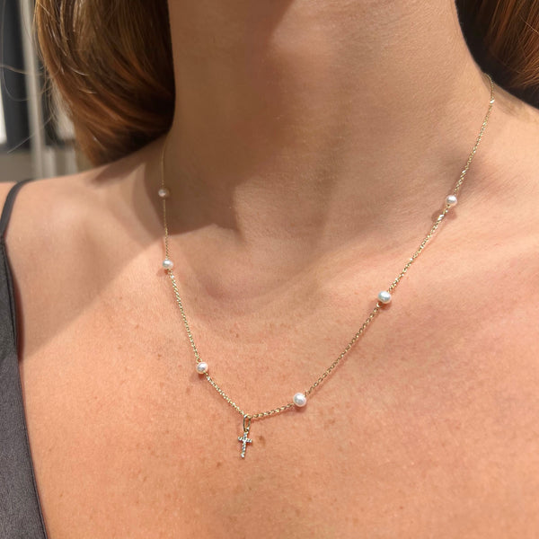 Diamond Cross with Pearls Pendant on 14K Yellow Gold Necklace