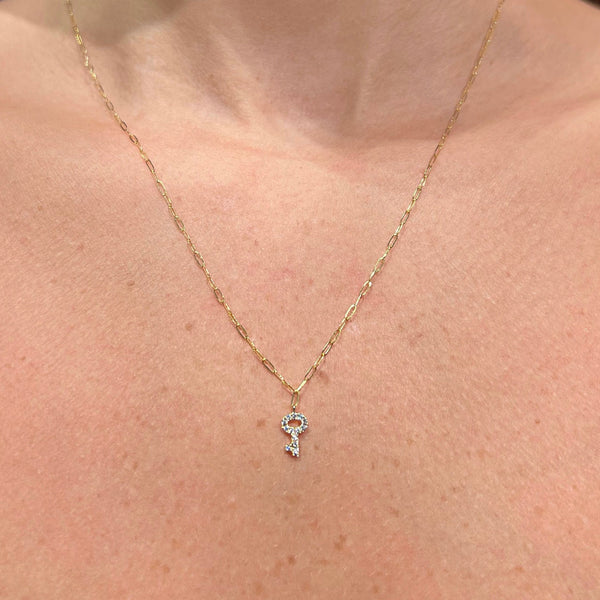 Diamond Key Pendant on 18K Yellow Gold Necklaces