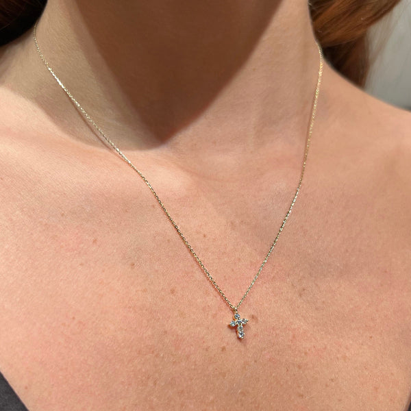 Mini Diamond Cross Pendant on 14K Yellow Gold Necklaces