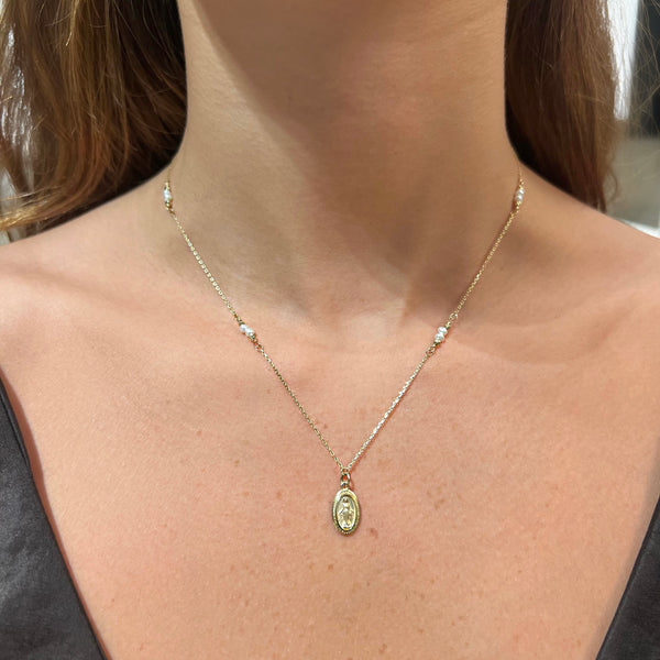 Mini Miraculous with Pearls on 14K Yellow Gold Necklace