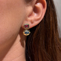 Blue & Pink Topaz on Yellow Gold Earrings