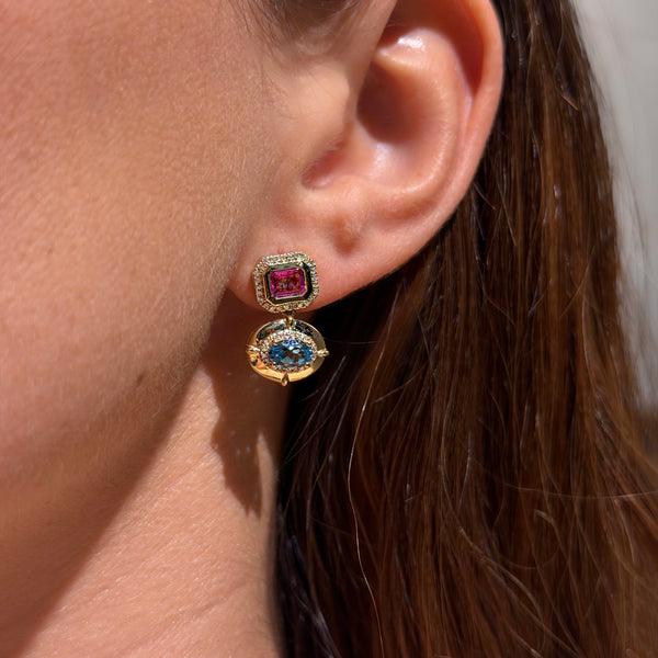 Blue & Pink Topaz on Yellow Gold Earrings