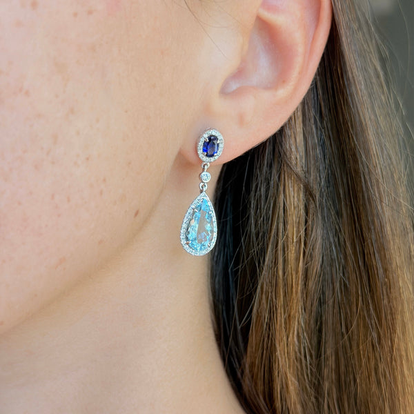 Aquamarine, Sapphire & Diamonds on 18K White Gold Earrings