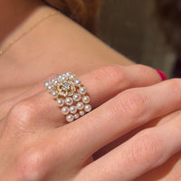 14K Yellow Gold with Pearl & Center Diamond Flower Rings