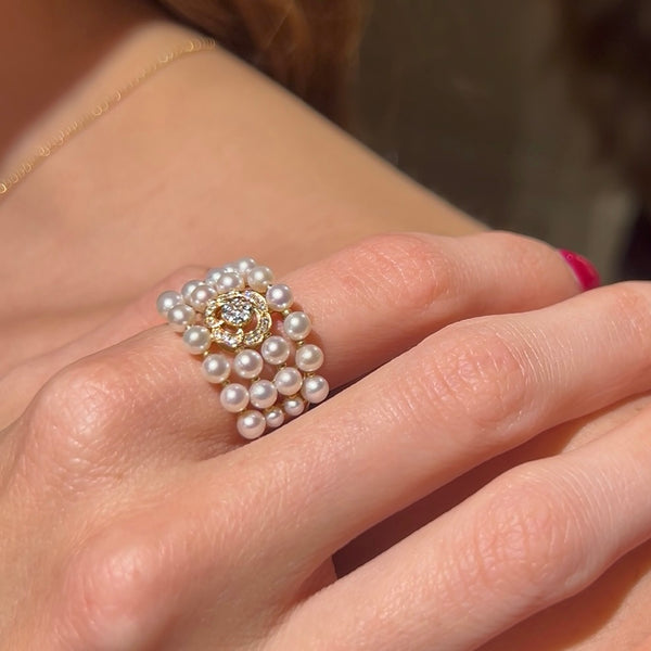 14K Yellow Gold with Pearl & Center Diamond Flower Rings