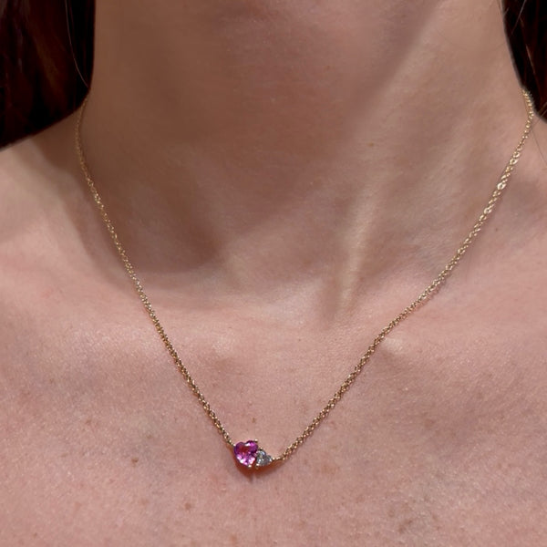 14K Pink Sapphire Heart & Diamond Necklace
