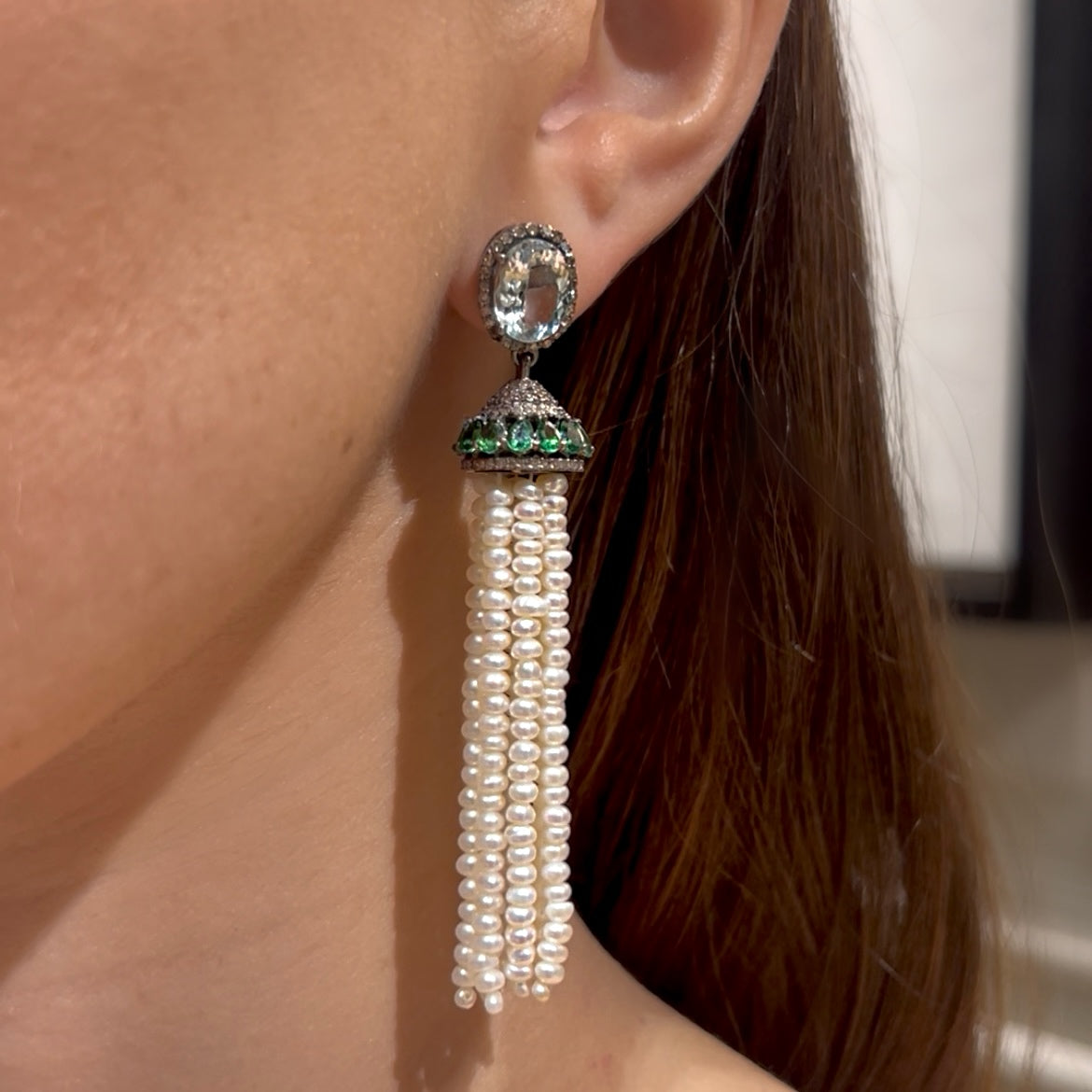 Pearl Tassel with Tsavorite & Aquamarine Earrings