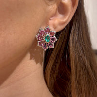 Flower Pink Sapphire & Emerald with Diamond Earrings
