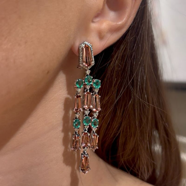 Pink Tourmaline & Emerald with Diamond Chandelier Earrings