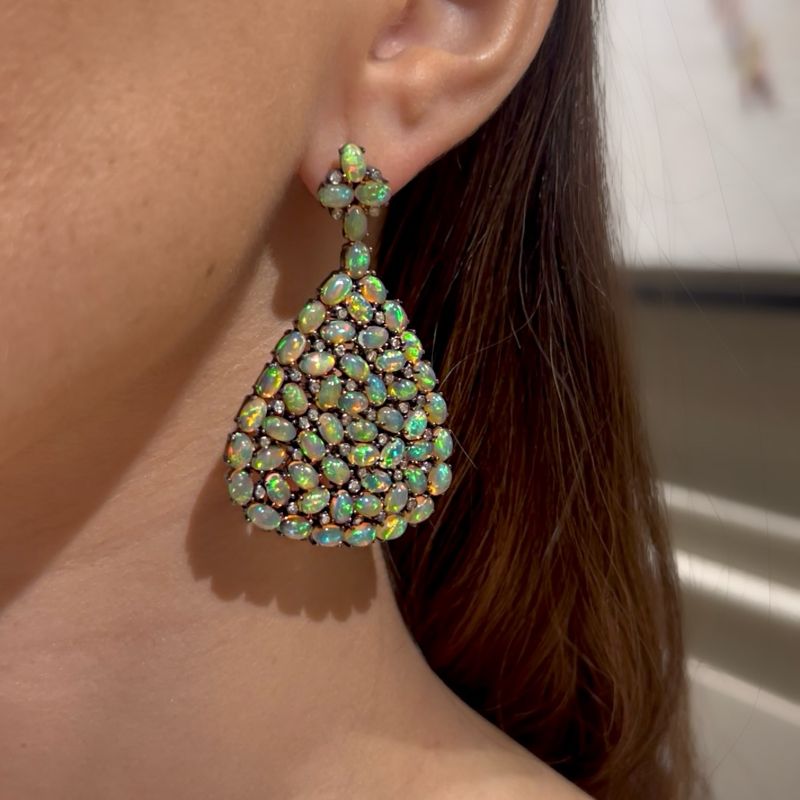 Opal with Diamond Fan Style Earrings
