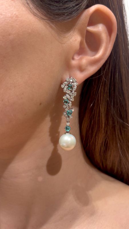 Flower Style Diamonds with Emerald & Pearl Earrings