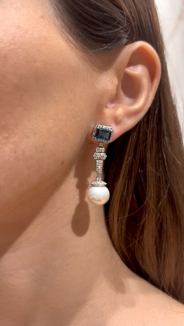 Long Blue Topaz & Pearl with Diamond Earrings