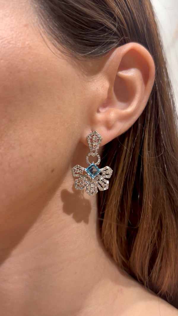 Swiss Blue Topaz & Diamond Lotus Style Earrings