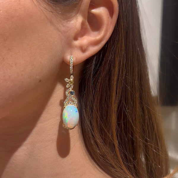 Opal with Aquamarine & Diamond on 14K Yellow Gold Long Earrings