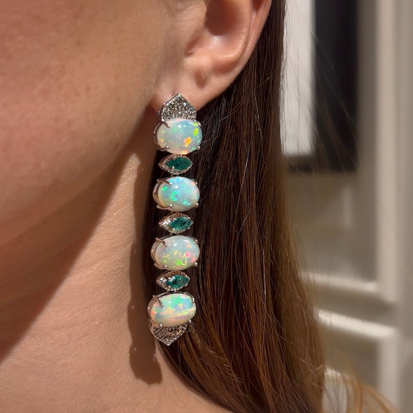 Ethiopian Opal & Emerald with Diamond Dangle Earrings