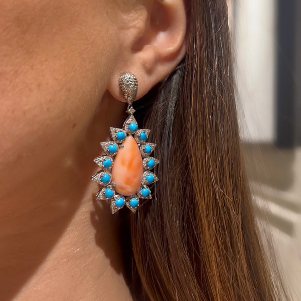 Long Teardrop Pink Coral with Turquoise & Diamond Earrings