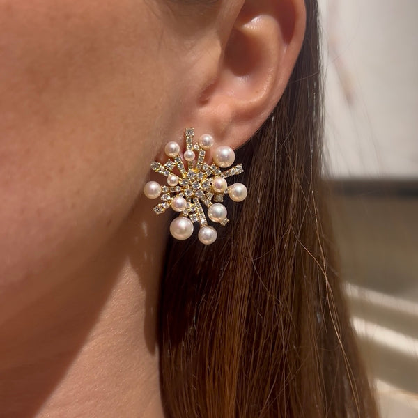 14K Yellow Gold Diamonds & Pearls Star Earrings