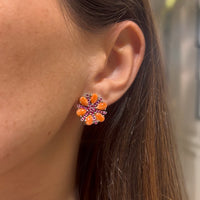 Coral & Ruby Flower Stud Earrings