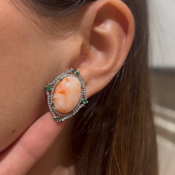 Vintage Style Pink Coral with Diamond & Tsavorite Stud Earrings