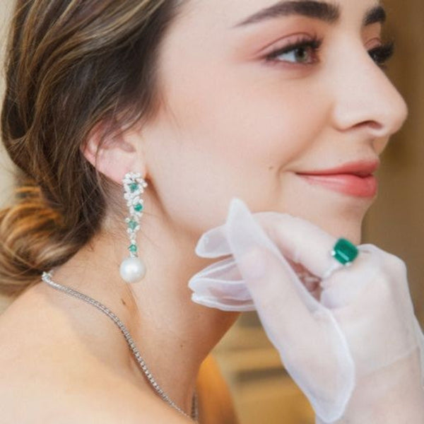 Flower Style Diamonds with Emerald & Pearl Earrings