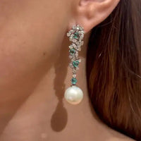 Flower Style Diamonds with Emerald & Pearl Earrings