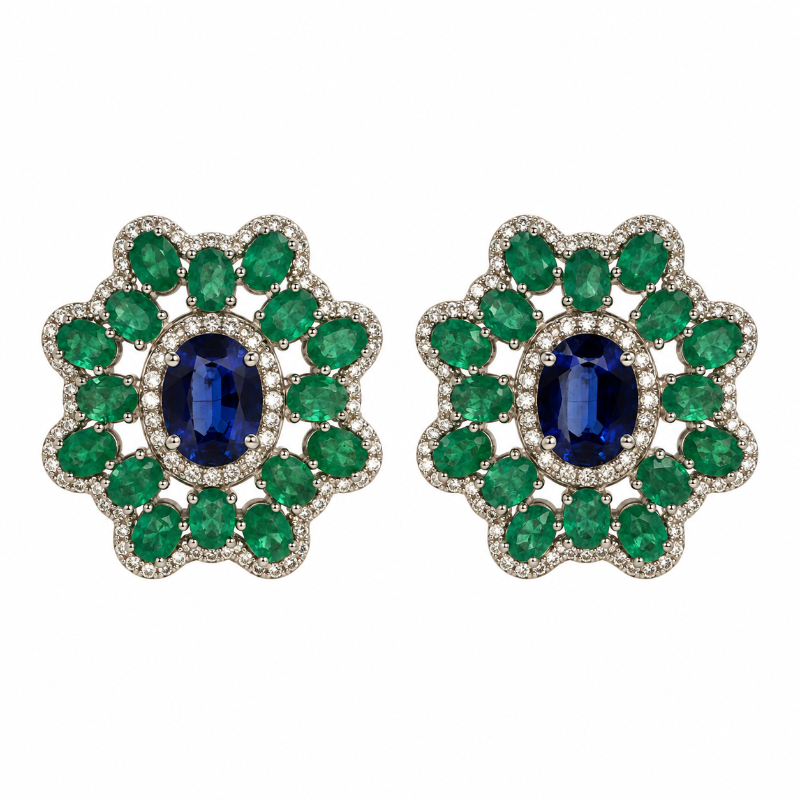 Flower Style Emerald & Kyanite Earrings