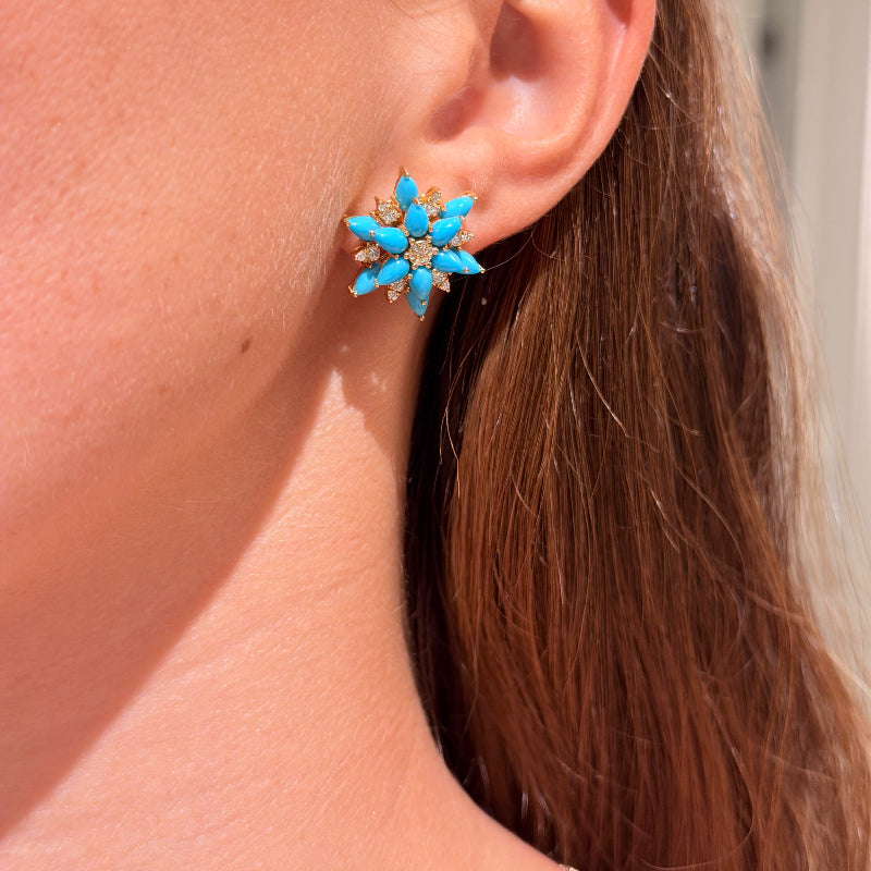 Flower Style Turquoise & Diamond Yellow Gold Earrings