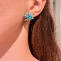 Flower Style Turquoise & Diamond Yellow Gold Earrings