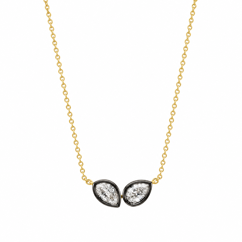Georgian Style Double Diamonds Pendant on 14K Yellow Gold Necklace
