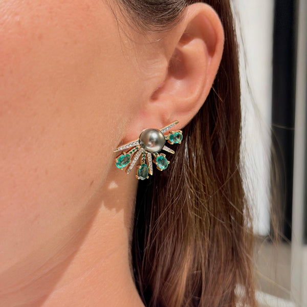Gray Pearl & Emerald Fan with 14K Yellow Gold Earrings