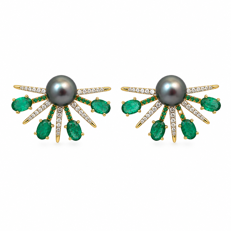 Gray Pearl & Emerald Fan with 14K Yellow Gold Earrings