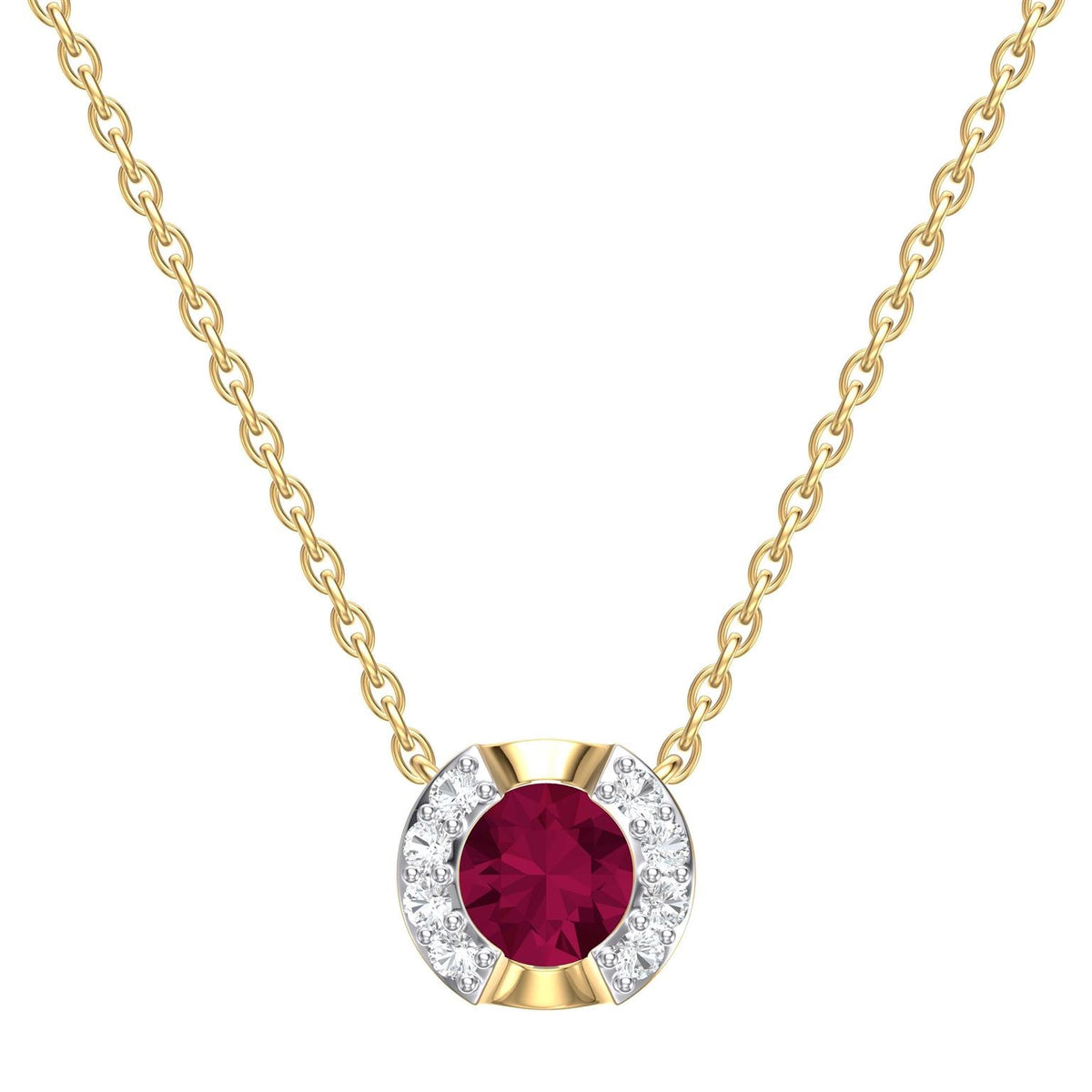 Set of 14K Yellow Gold with Ruby and Diamonds Necklace and Earrings.