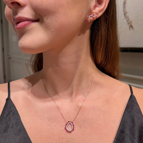 Set of 18K Rose Gold with Ruby and Diamonds Necklace & Earrings.