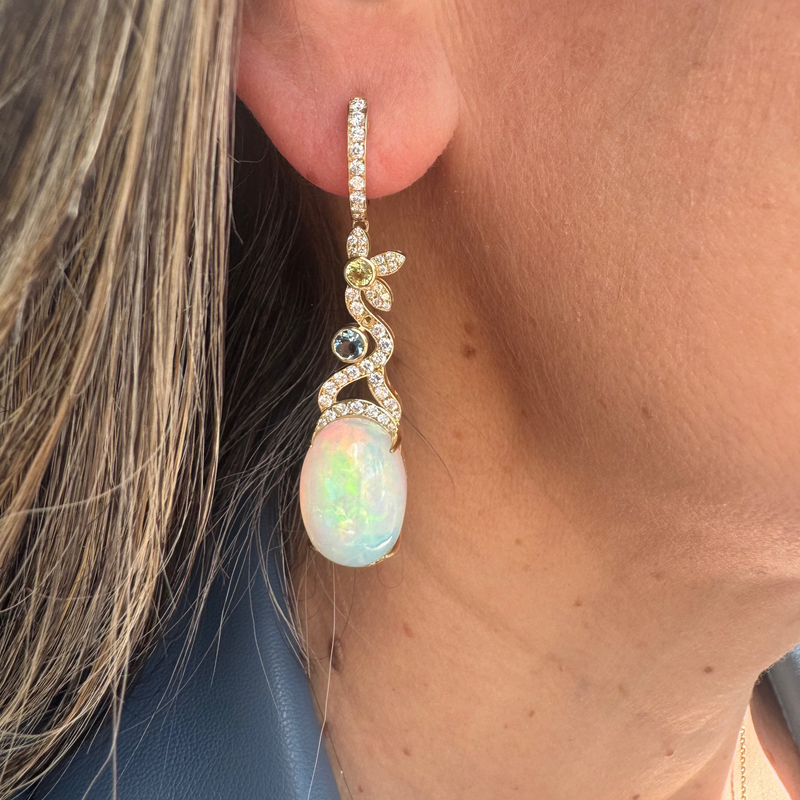 Opal with Aquamarine & Diamond on 14K Yellow Gold Long Earrings