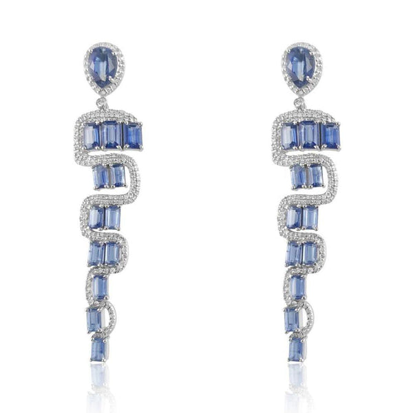 Kyanite & Diamond Long Unique Earrings.  Kyanite: 14.190 ct Diamond: 1.86 ct Silver with Rhodium Plated: 9.98 grams 14K Gold Post: 0.18 grams