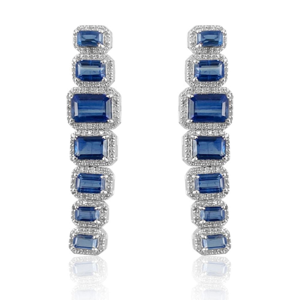 Kyanite Emerald Cut & Diamond Long Earrings  Kyanite: 11.350 ct Diamond: 1.16 ct Silver with Rhodium Plated: 10.10 grams 14K Gold Post: 0.18 grams