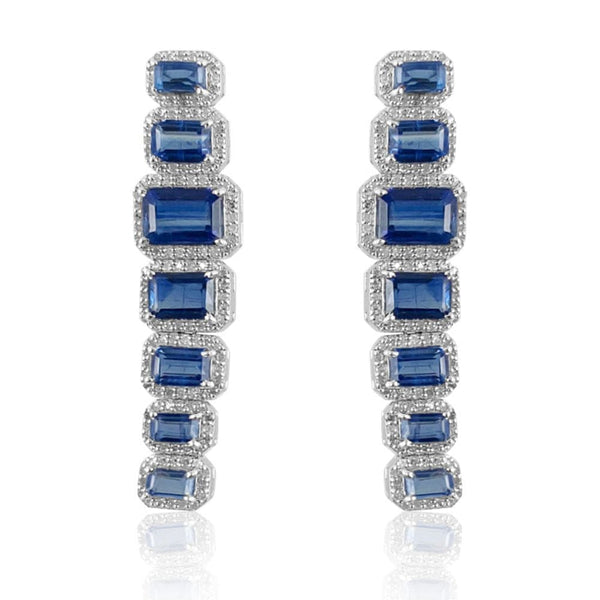 Kyanite Emerald Cut & Diamond Long Earrings  Kyanite: 11.350 ct Diamond: 1.16 ct Silver with Rhodium Plated: 10.10 grams 14K Gold Post: 0.18 grams
