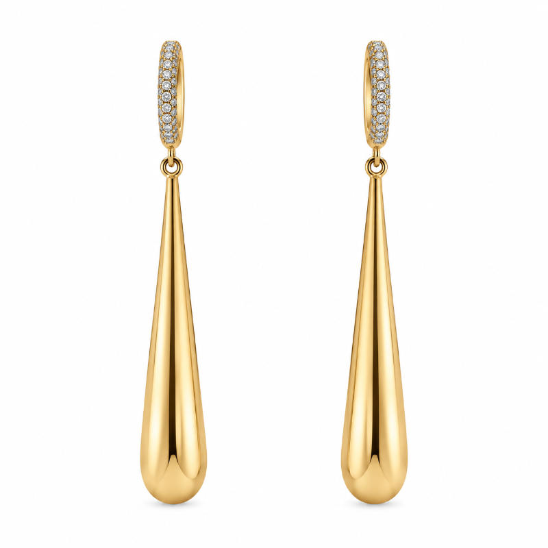 Aretes largos con gotas de oro amarillo y diamantes