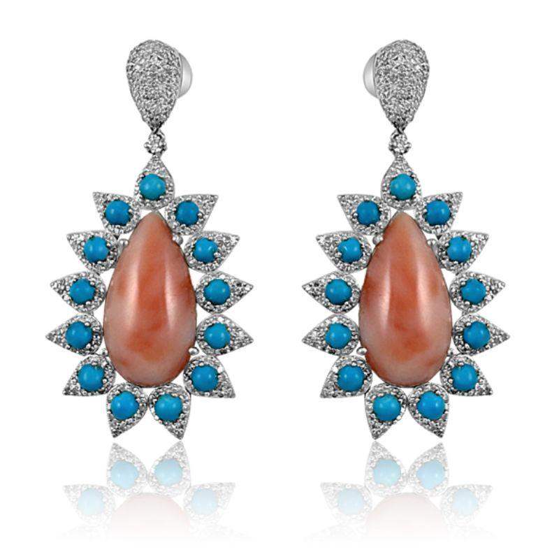 Long Teardrop Pink Coral with Turquoise Diamond Earrings
