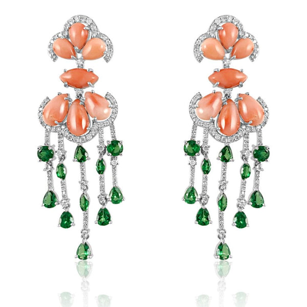  Lotus Pink Coral & Tsavorite with Diamond Earrings, beautiful and elegant.  Pink Coral: 12.080 ct Tsavorite: 4.680 ct Diamonds: 1.18 ct Silver with Rhodium Plated: 10.80 g 14K Gold Post: 0.18