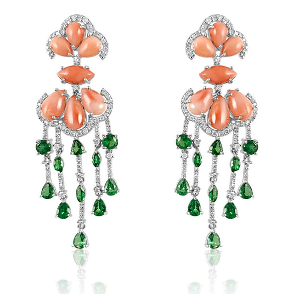  Lotus Pink Coral & Tsavorite with Diamond Earrings, beautiful and elegant.  Pink Coral: 12.080 ct Tsavorite: 4.680 ct Diamonds: 1.18 ct Silver with Rhodium Plated: 10.80 g 14K Gold Post: 0.18