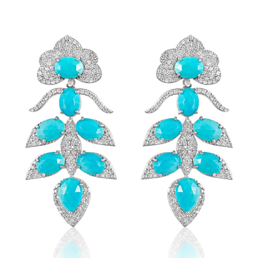 Sleeping Beauty Turquoise & Diamond Lotus Vine Earrings.  Sleeping Beauty Turquoise: 13.32 ct Diamond: 2.98 ct Silver with Rhodium Plated: 12.73 grams Gold Post: 0.18 grams