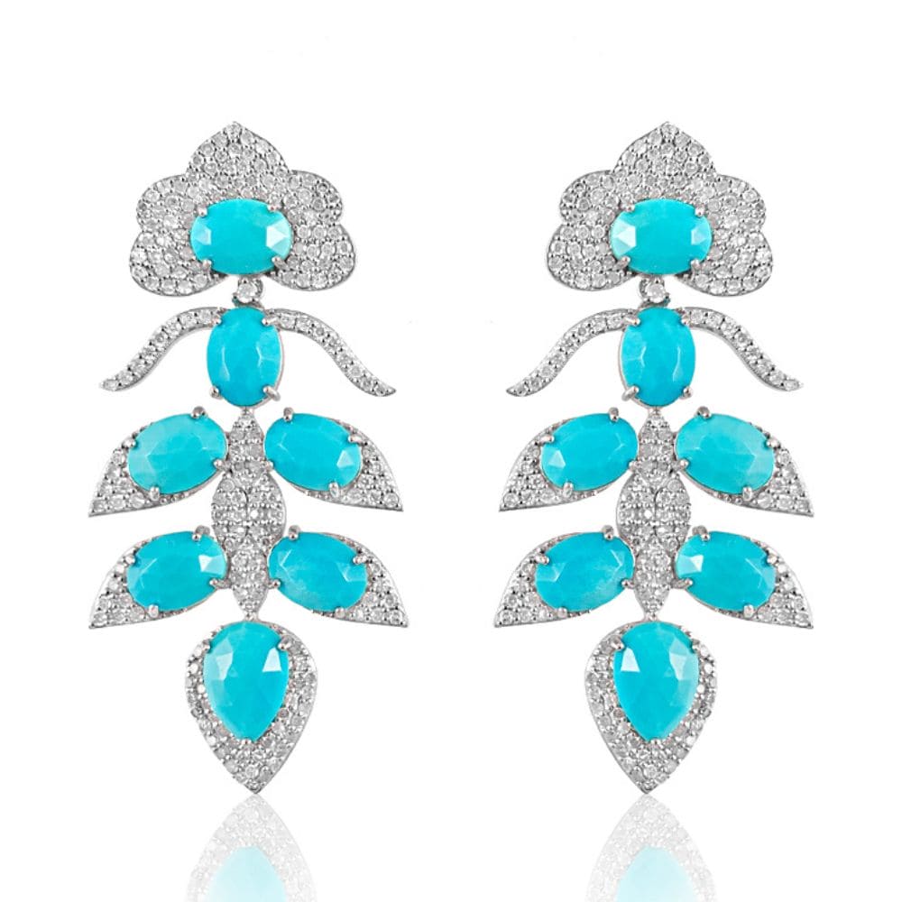 Sleeping Beauty Turquoise & Diamond Lotus Vine Earrings.  Sleeping Beauty Turquoise: 13.32 ct Diamond: 2.98 ct Silver with Rhodium Plated: 12.73 grams Gold Post: 0.18 grams